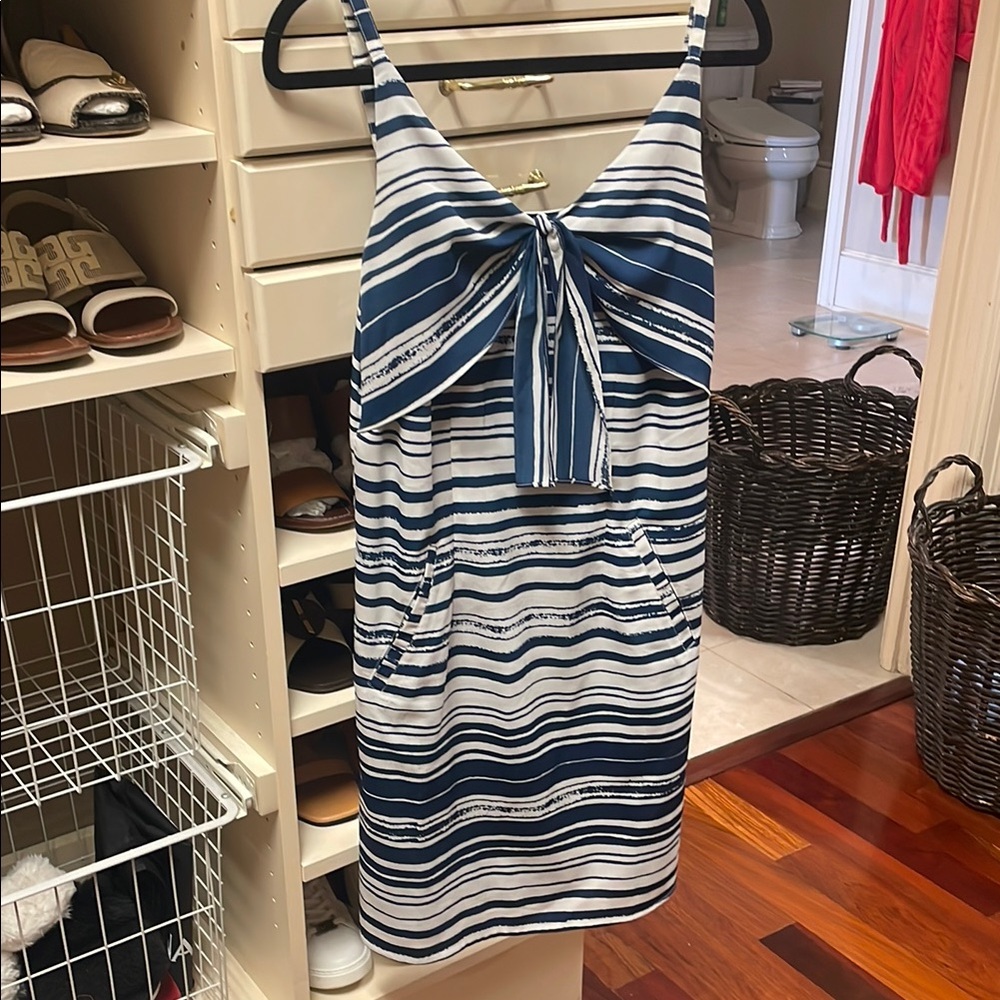 CAbi Navy and White Striped dress with Bow and front pockets